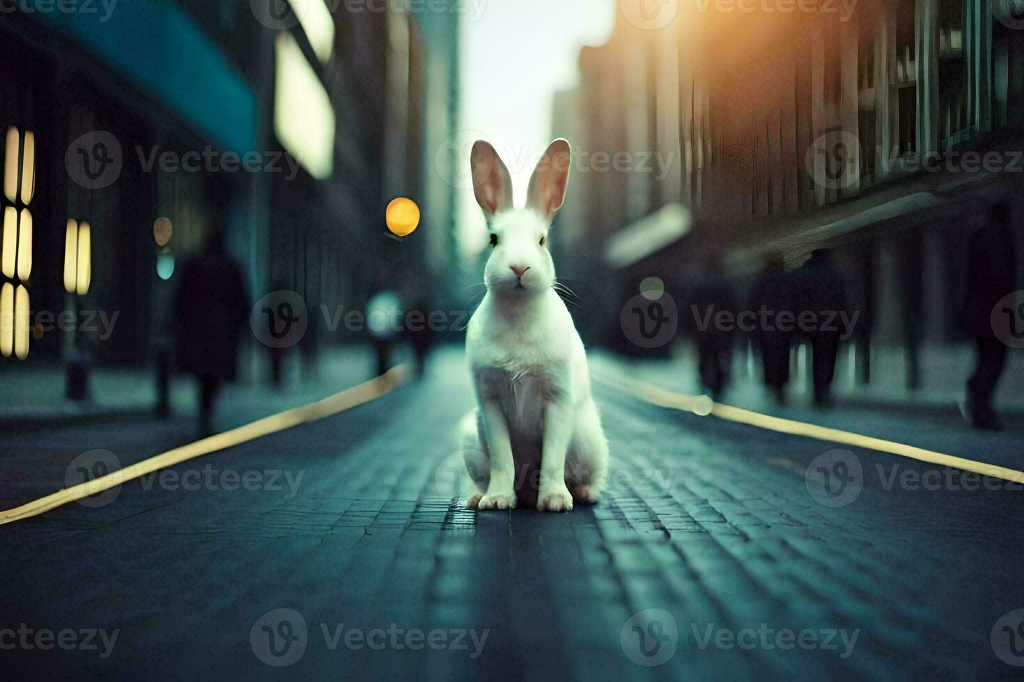 a white rabbit is sitting on the street in a city. AI-Generated photo