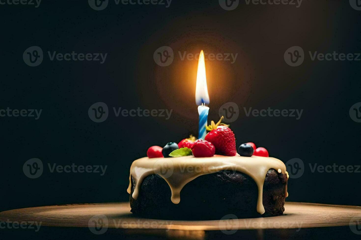 a birthday cake with a single candle. AI-Generated photo