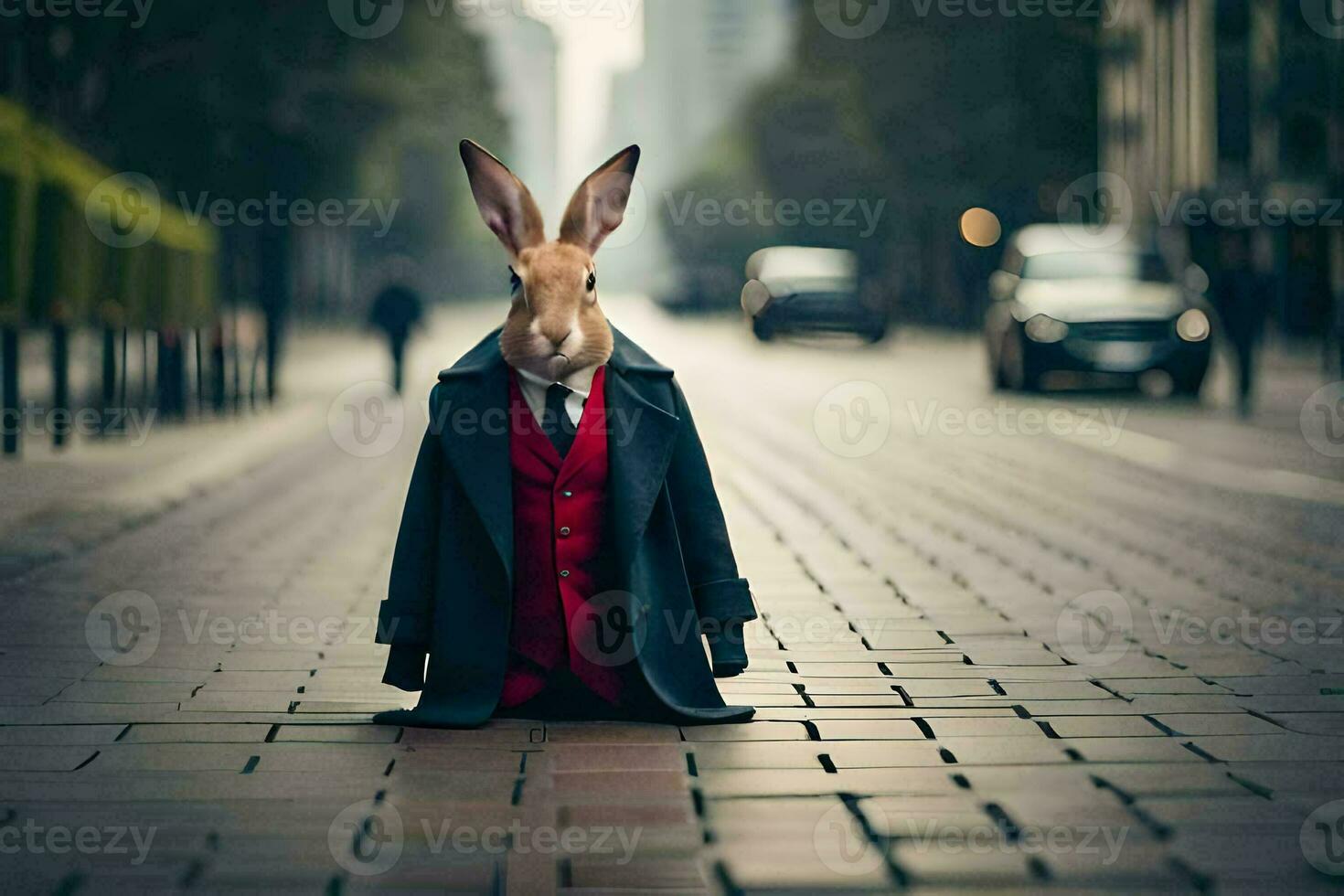 a rabbit dressed in a suit and tie sits on the street. AI-Generated photo