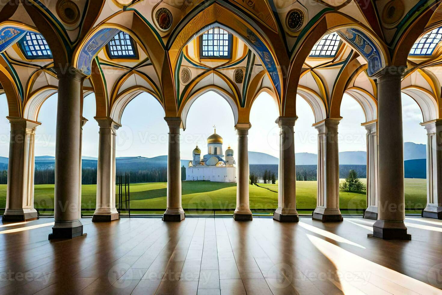 the view from inside a building with arches and windows. AI-Generated photo