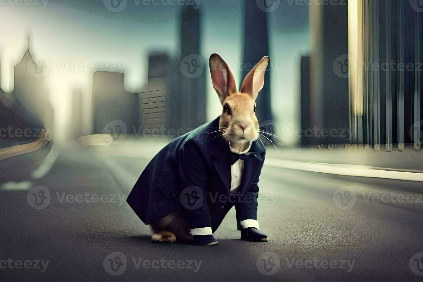 a rabbit in a suit and tie on the road. AI-Generated photo