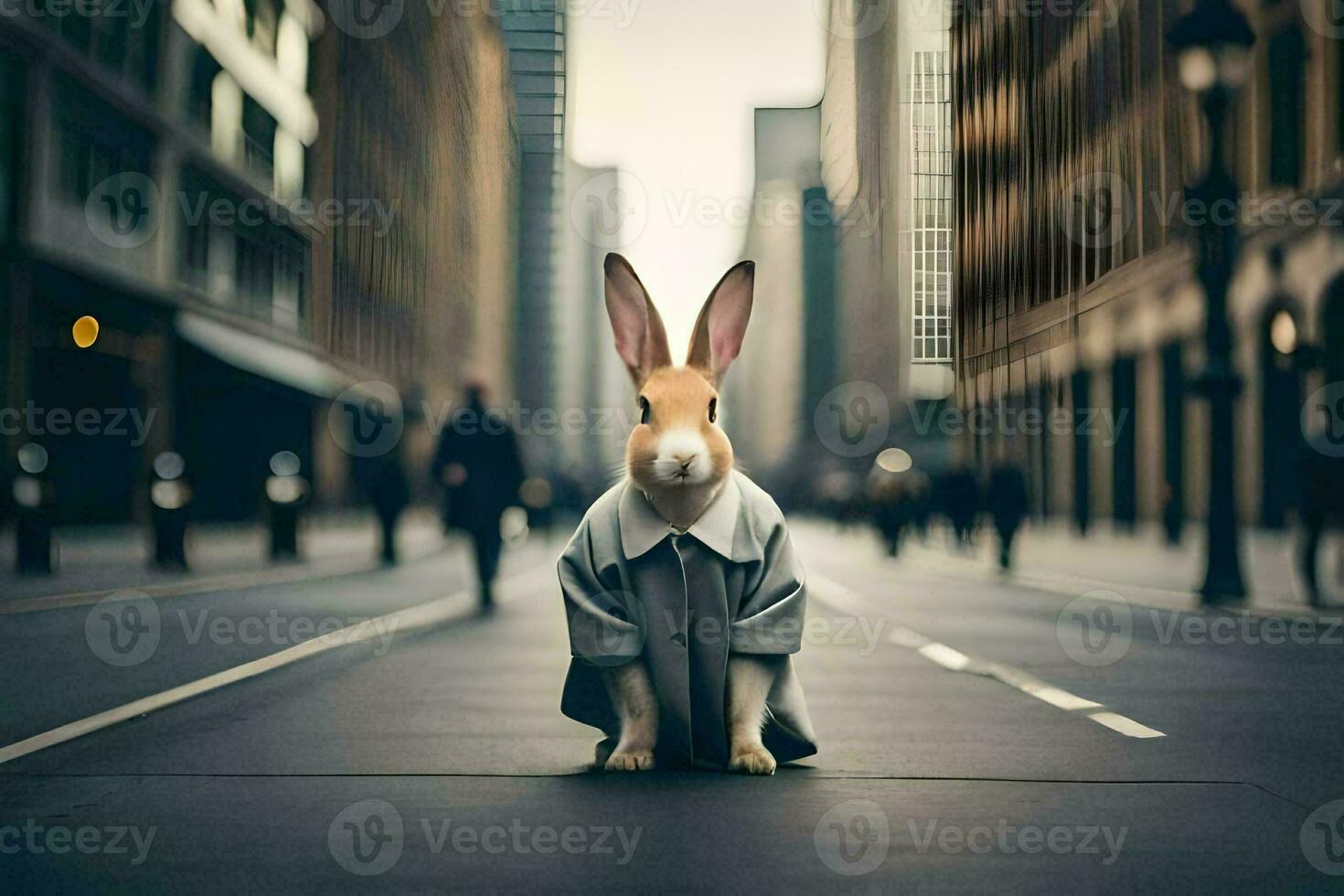 a rabbit wearing a suit and tie on the street. AI-Generated photo