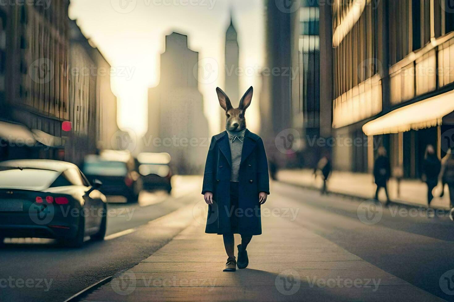 a man wearing a rabbit mask walks down a city street. AI-Generated photo