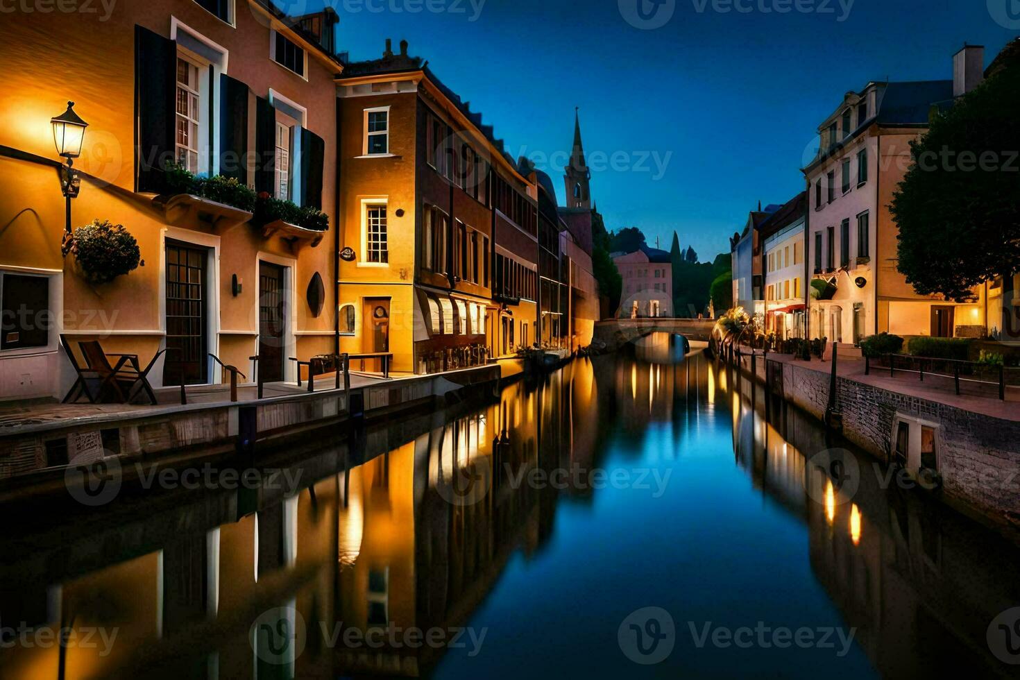 un canal en el medio de un ciudad a noche. generado por ai foto