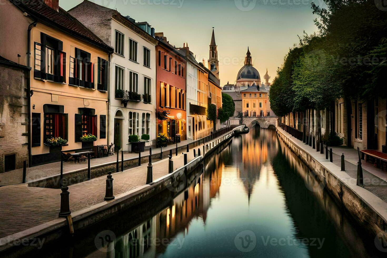 a canal in the middle of a city with buildings. AI-Generated photo
