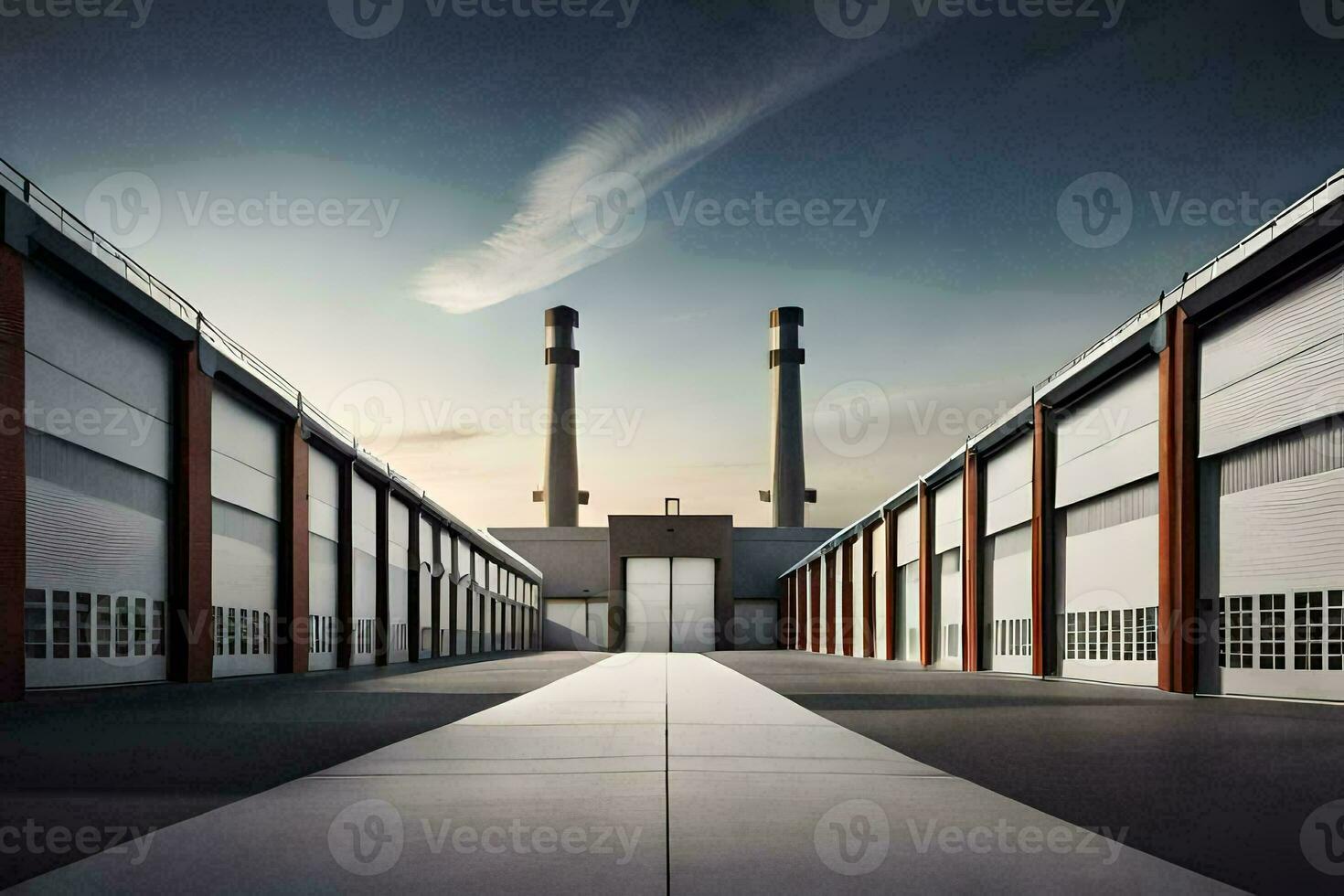 a long empty warehouse with two large chimneys. AI-Generated photo