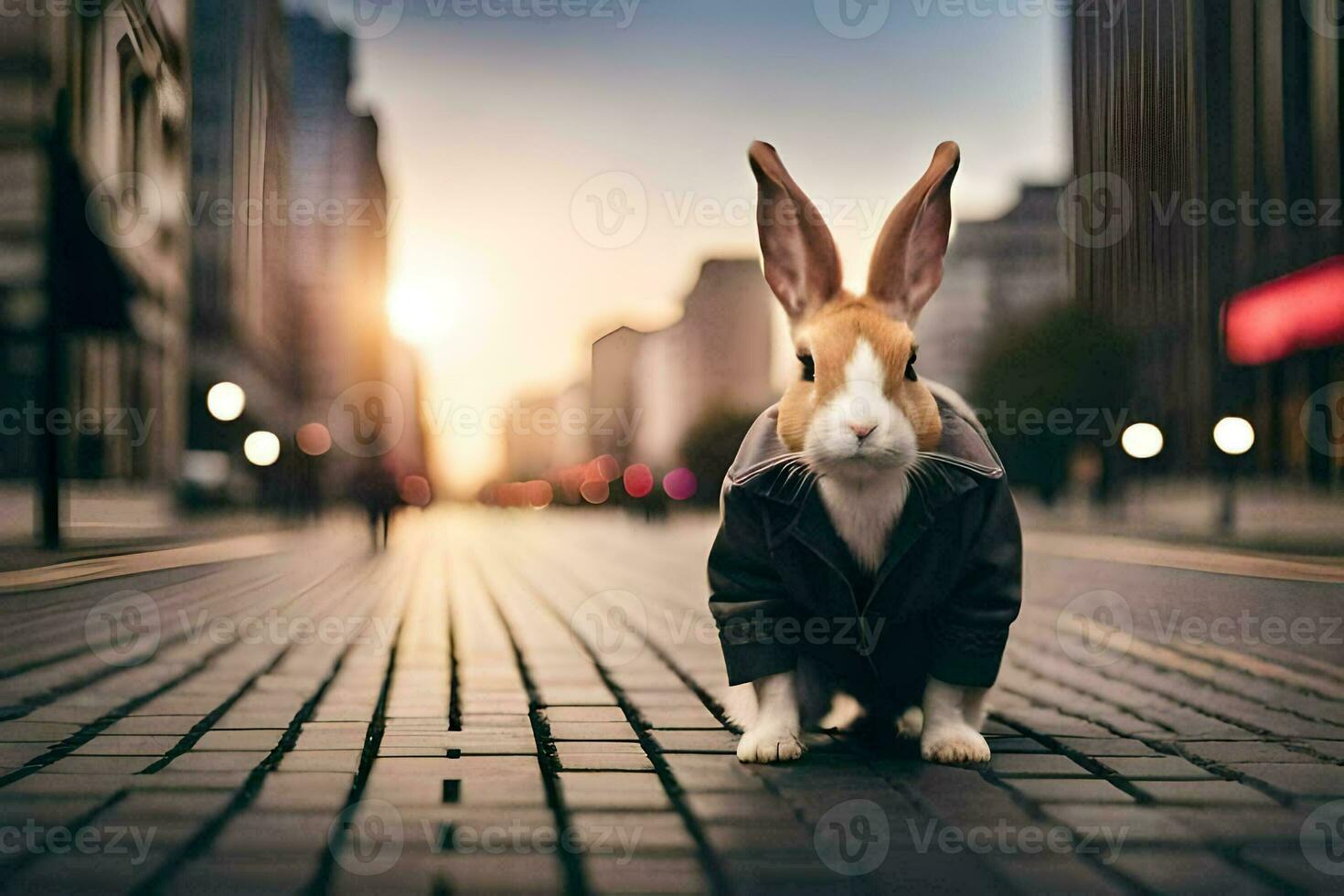 a rabbit in a suit standing on a street. AI-Generated photo