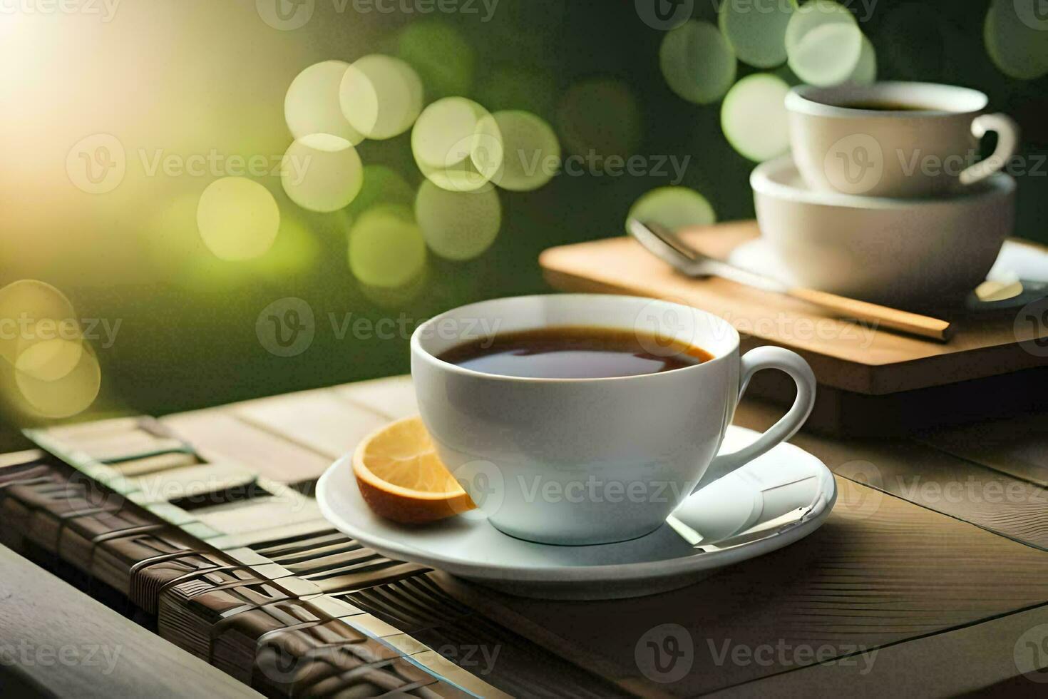 a cup of tea and a slice of orange on a wooden table. AI-Generated photo