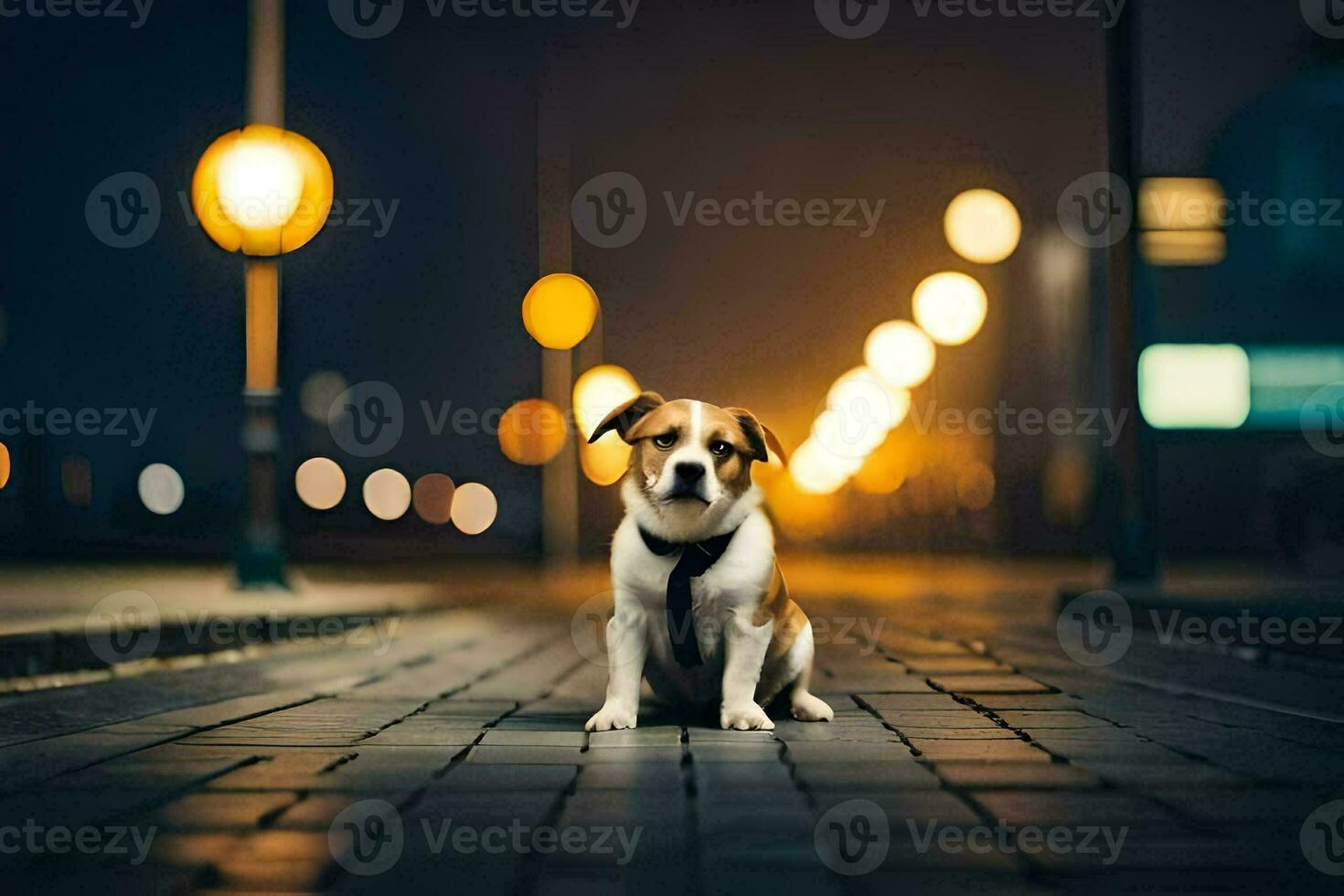 a dog sitting on the street at night. AI-Generated photo