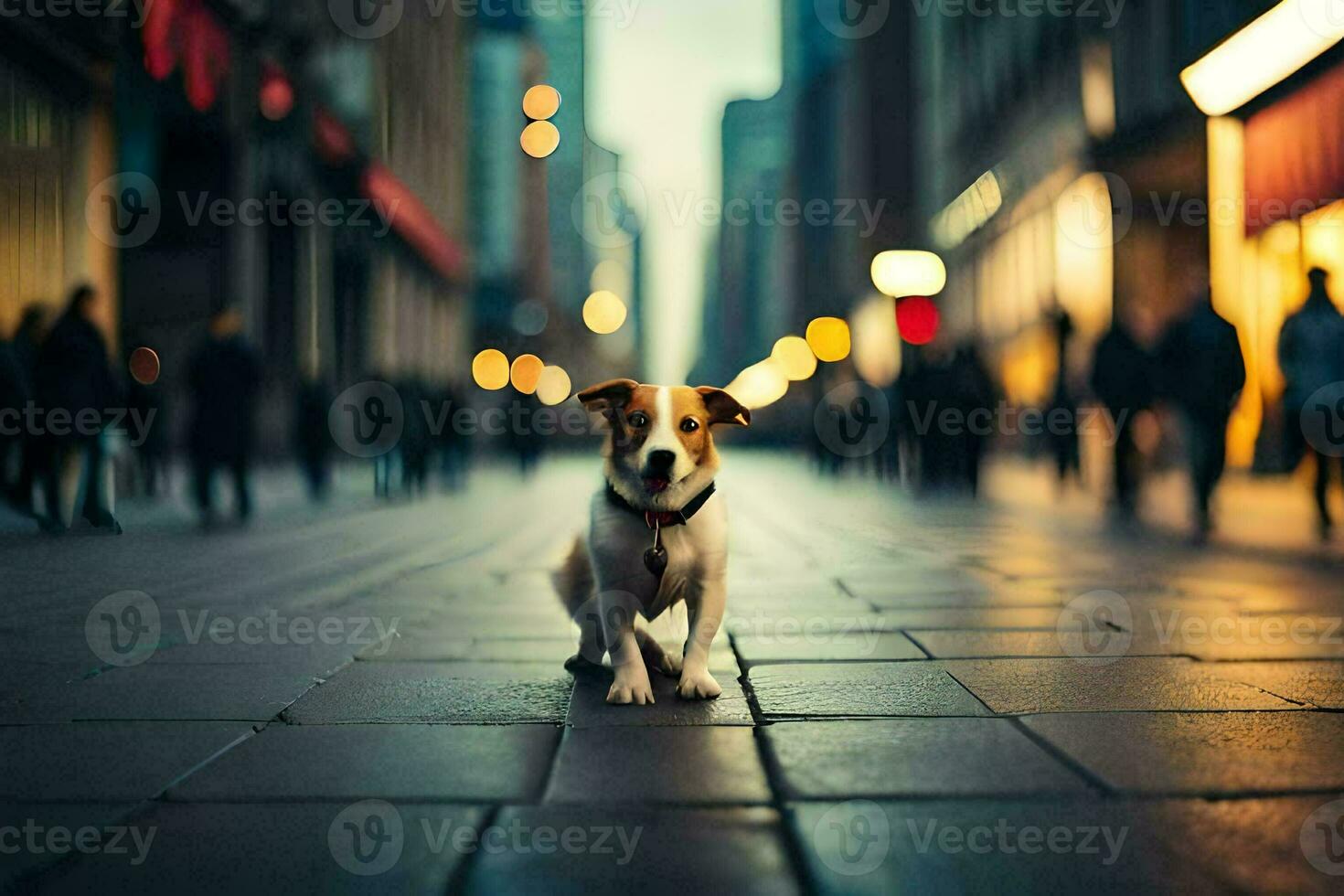 a dog is standing on a street in a city. AI-Generated photo