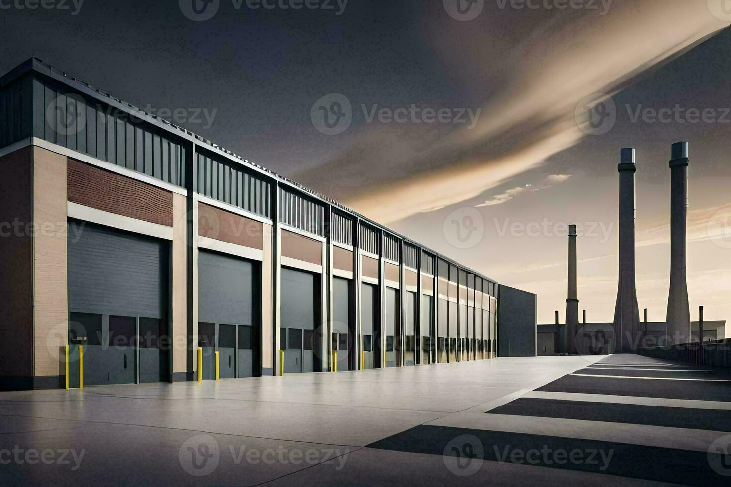 a large industrial building with two large doors. AI-Generated photo