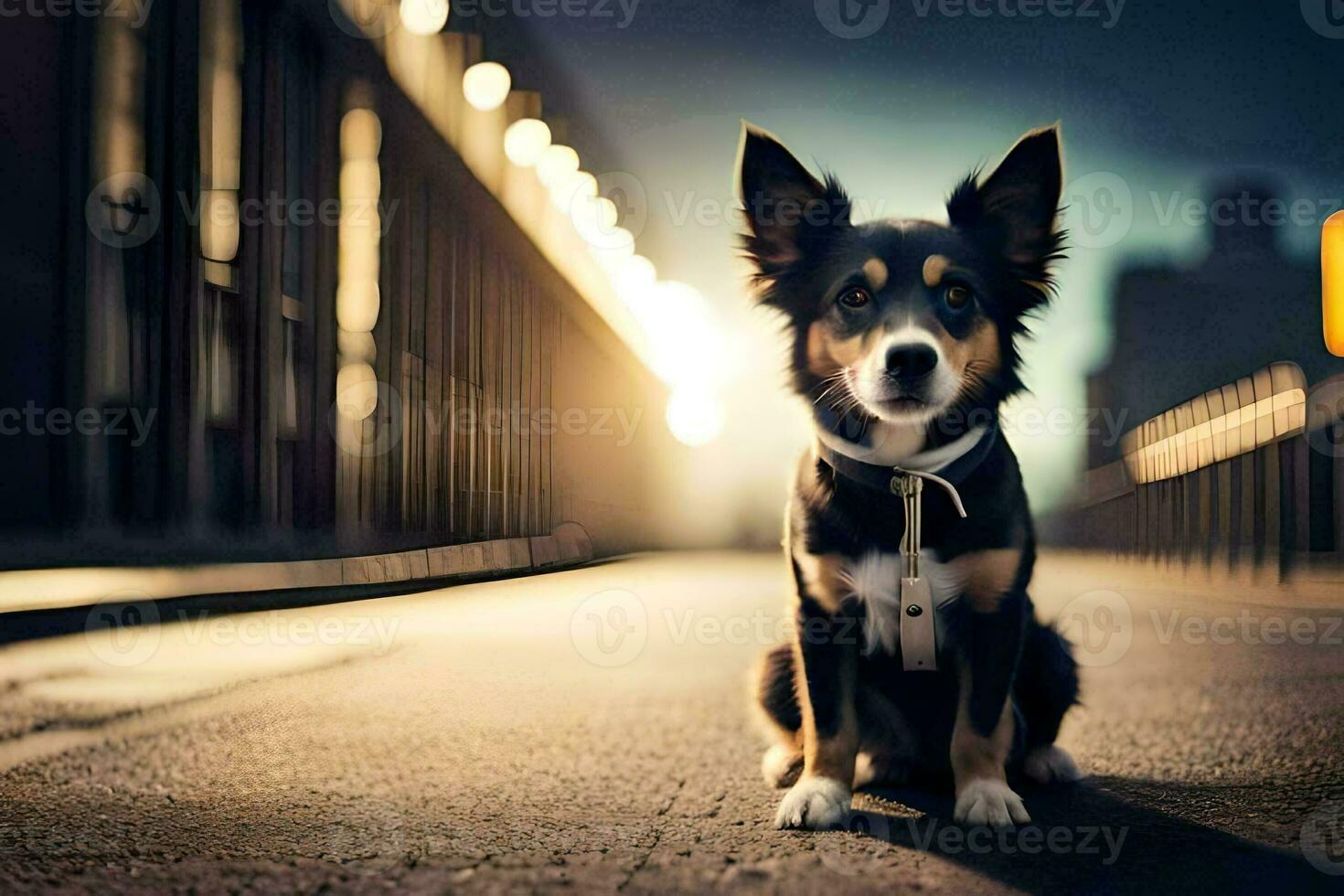 a dog sitting on the street at night. AI-Generated photo