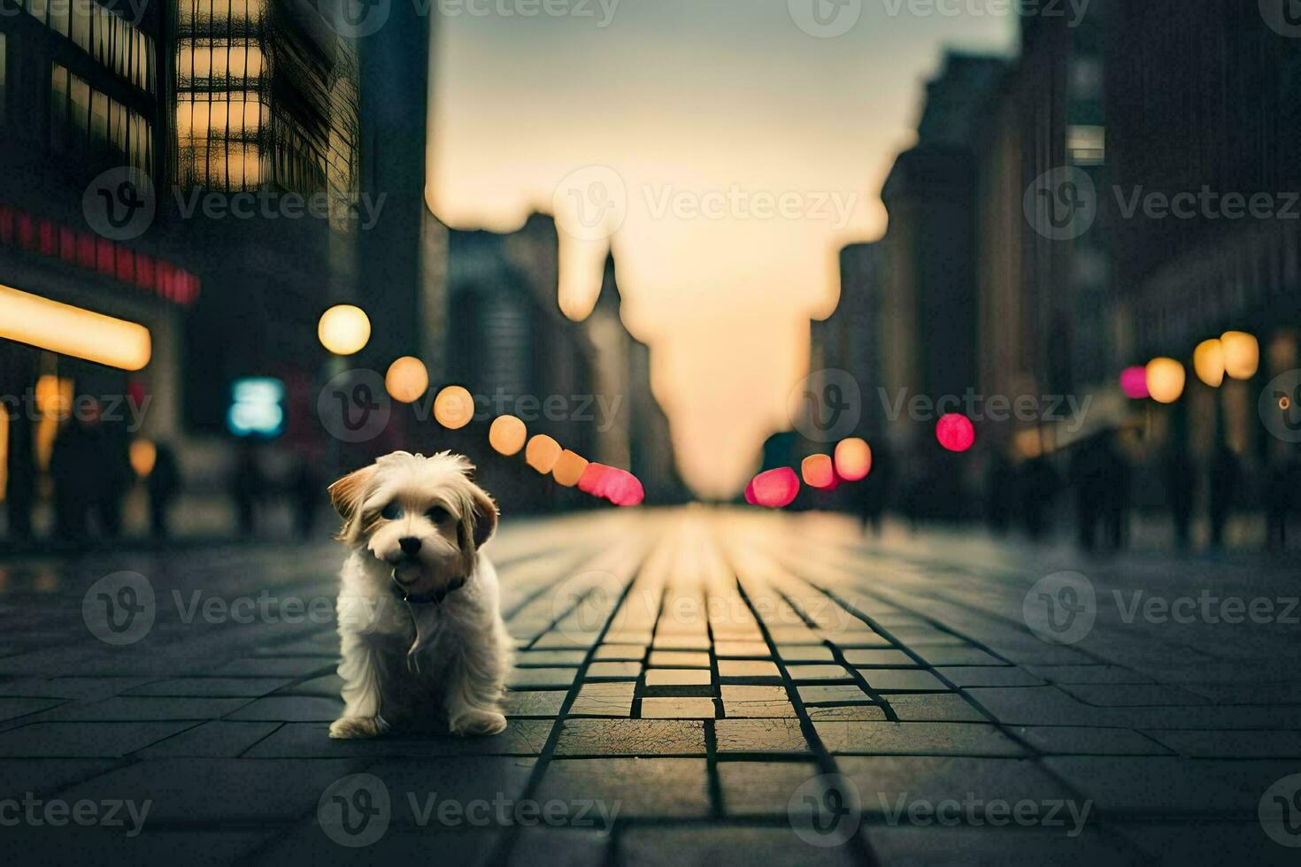 a small dog standing on a street at dusk. AI-Generated photo
