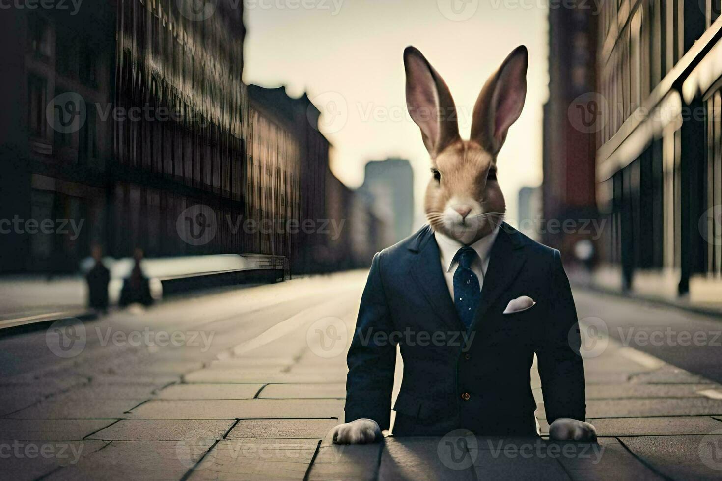 a rabbit in a suit and tie standing on a street. AI-Generated photo