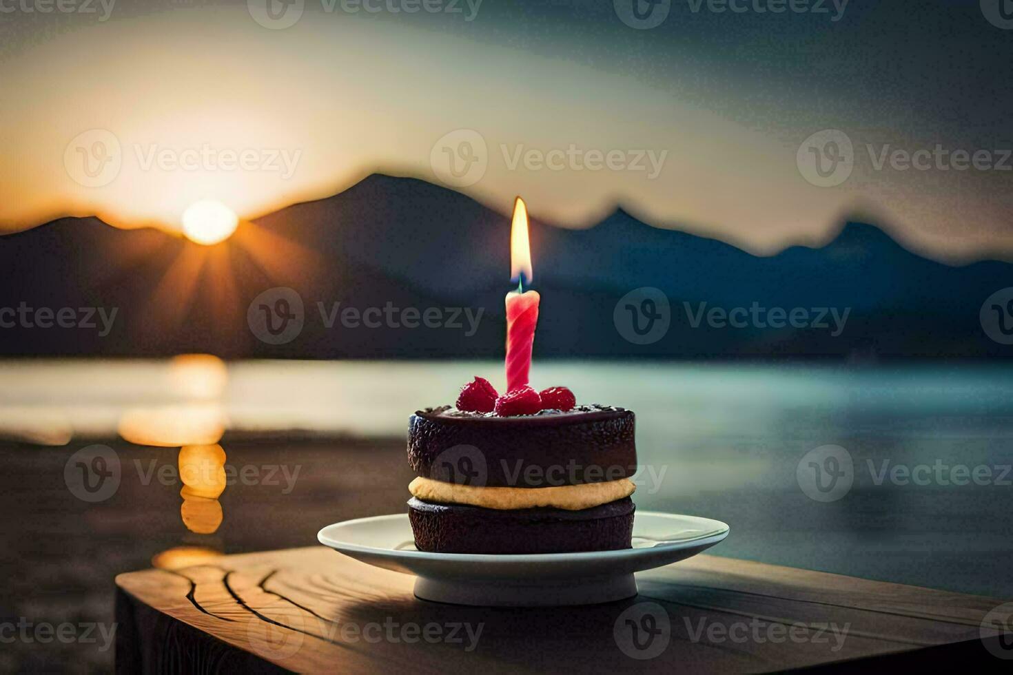 a chocolate cake with a single candle on top. AI-Generated photo