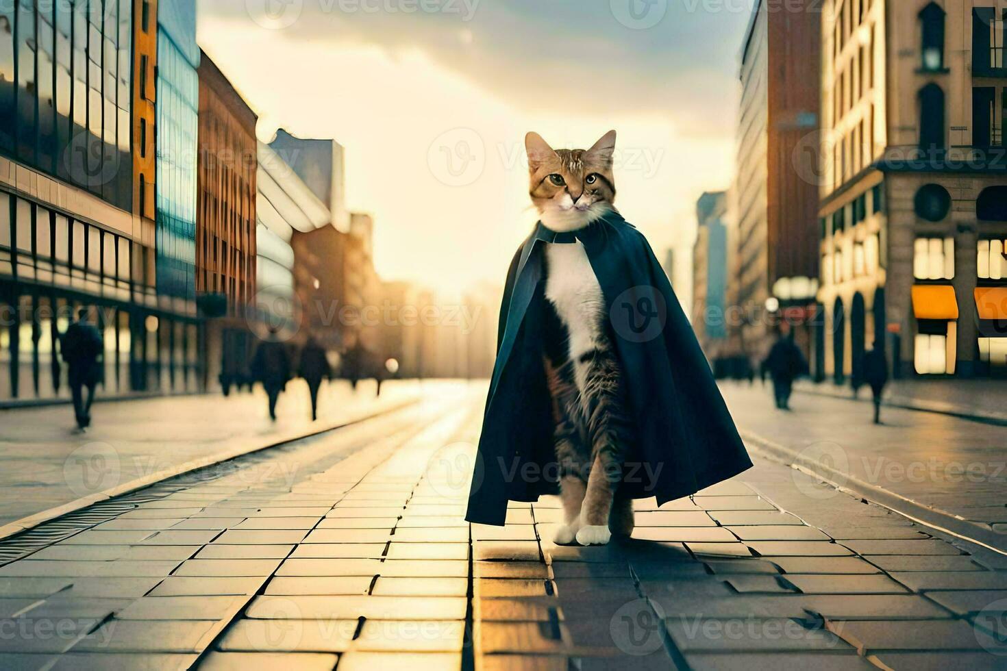 a cat dressed as a superhero walks down a city street. AI-Generated photo