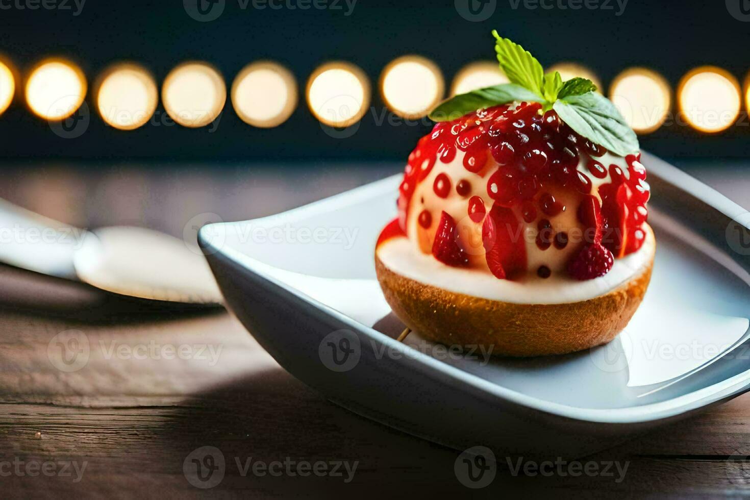 a dessert with strawberries and cream on a plate. AI-Generated photo