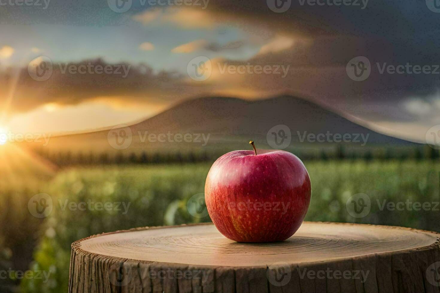 apple on a stump in the field. AI-Generated photo