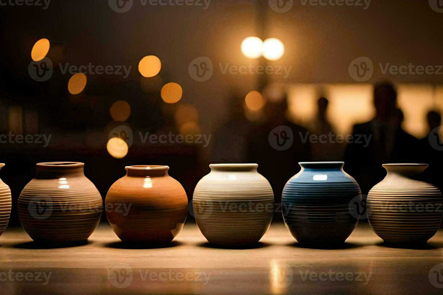 a row of vases lined up on a table. AI-Generated photo