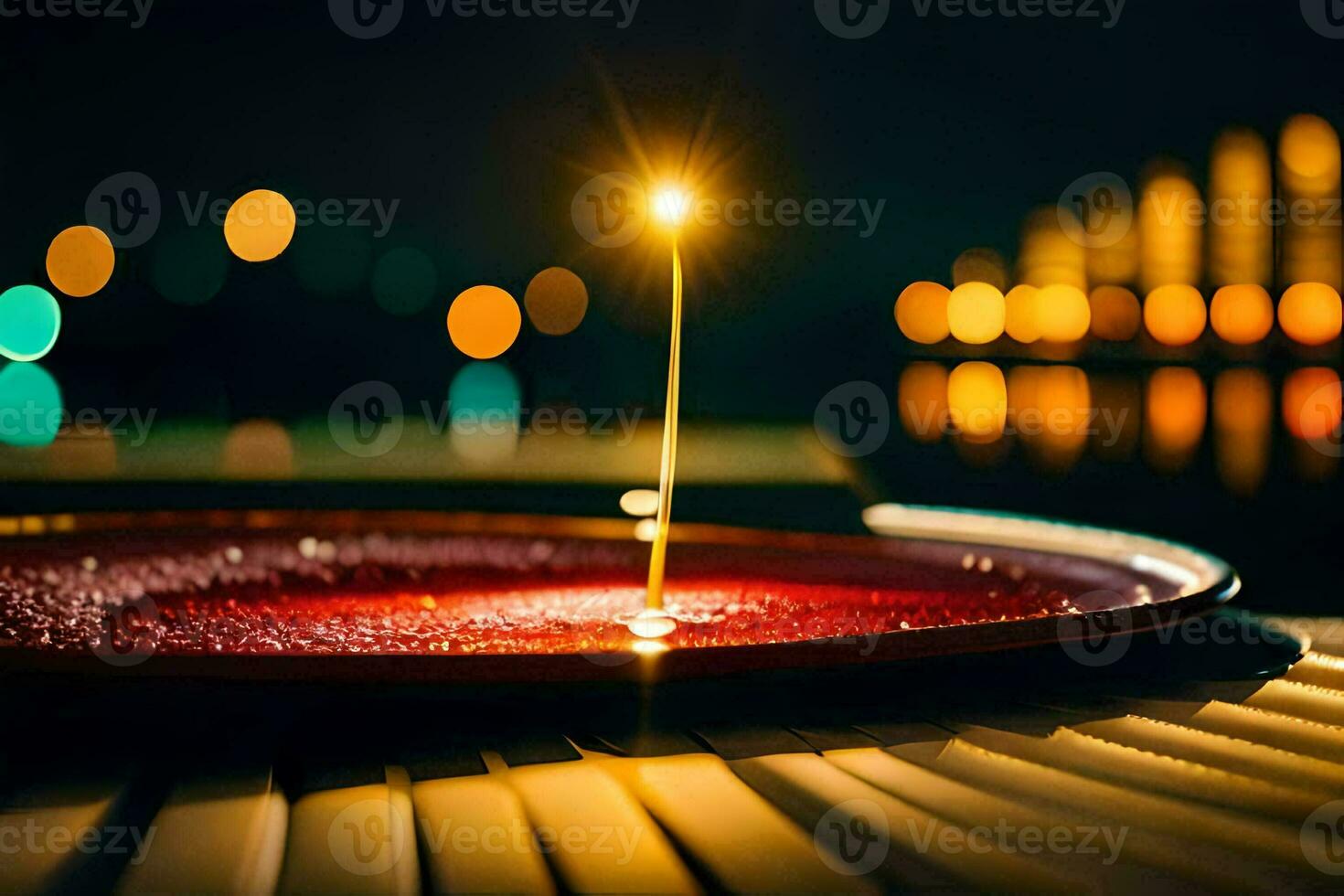 a candle is lit on a plate in front of a city. AI-Generated photo