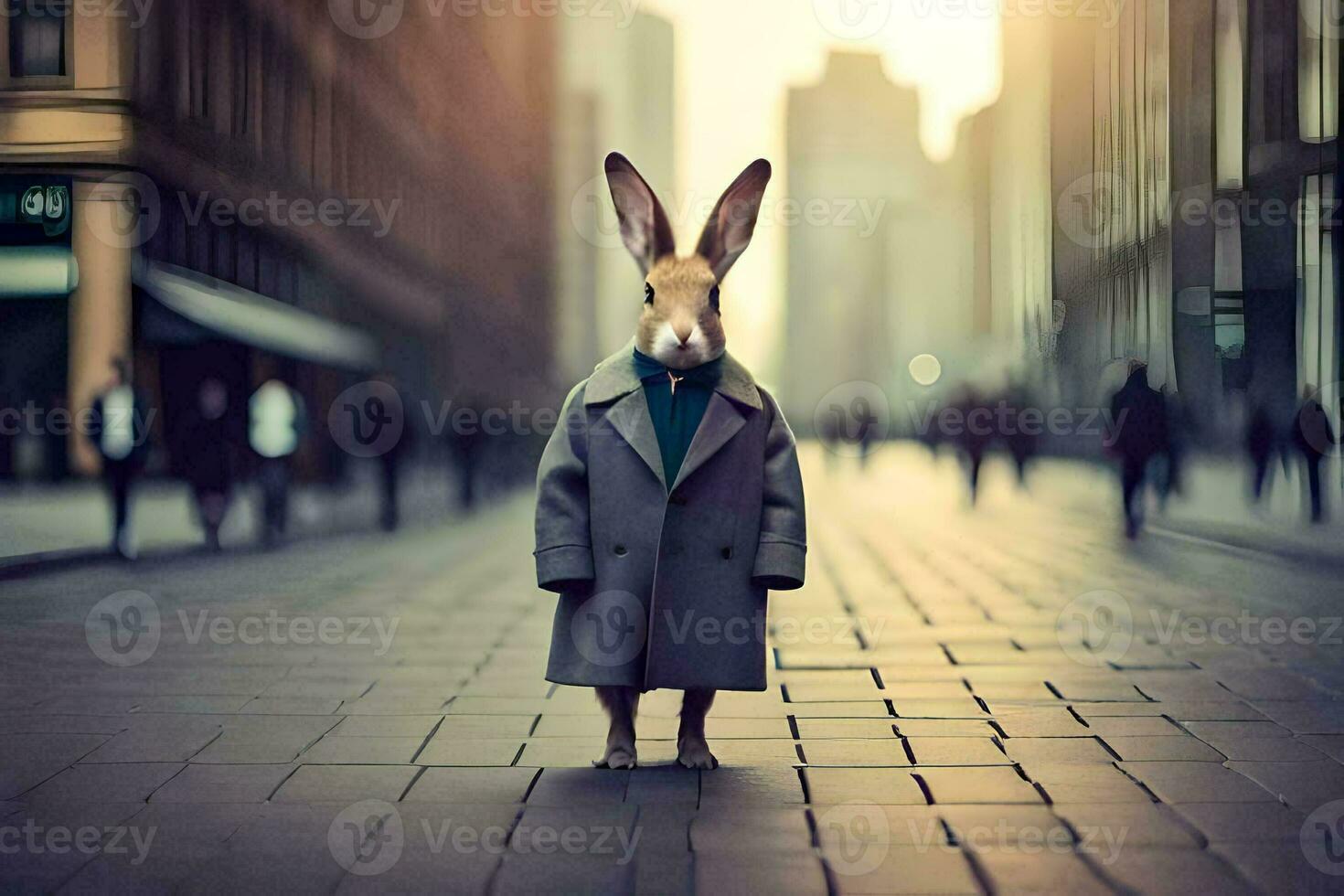 a rabbit wearing a coat and tie standing on a street. AI-Generated photo