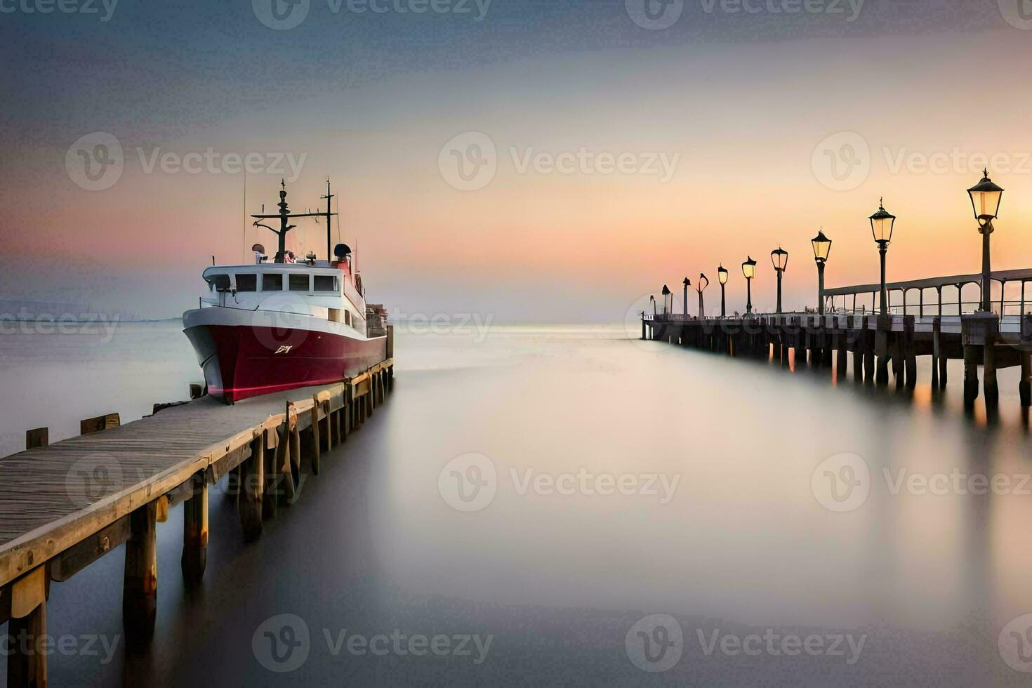 a boat docked at the end of a pier at sunset. AI-Generated photo