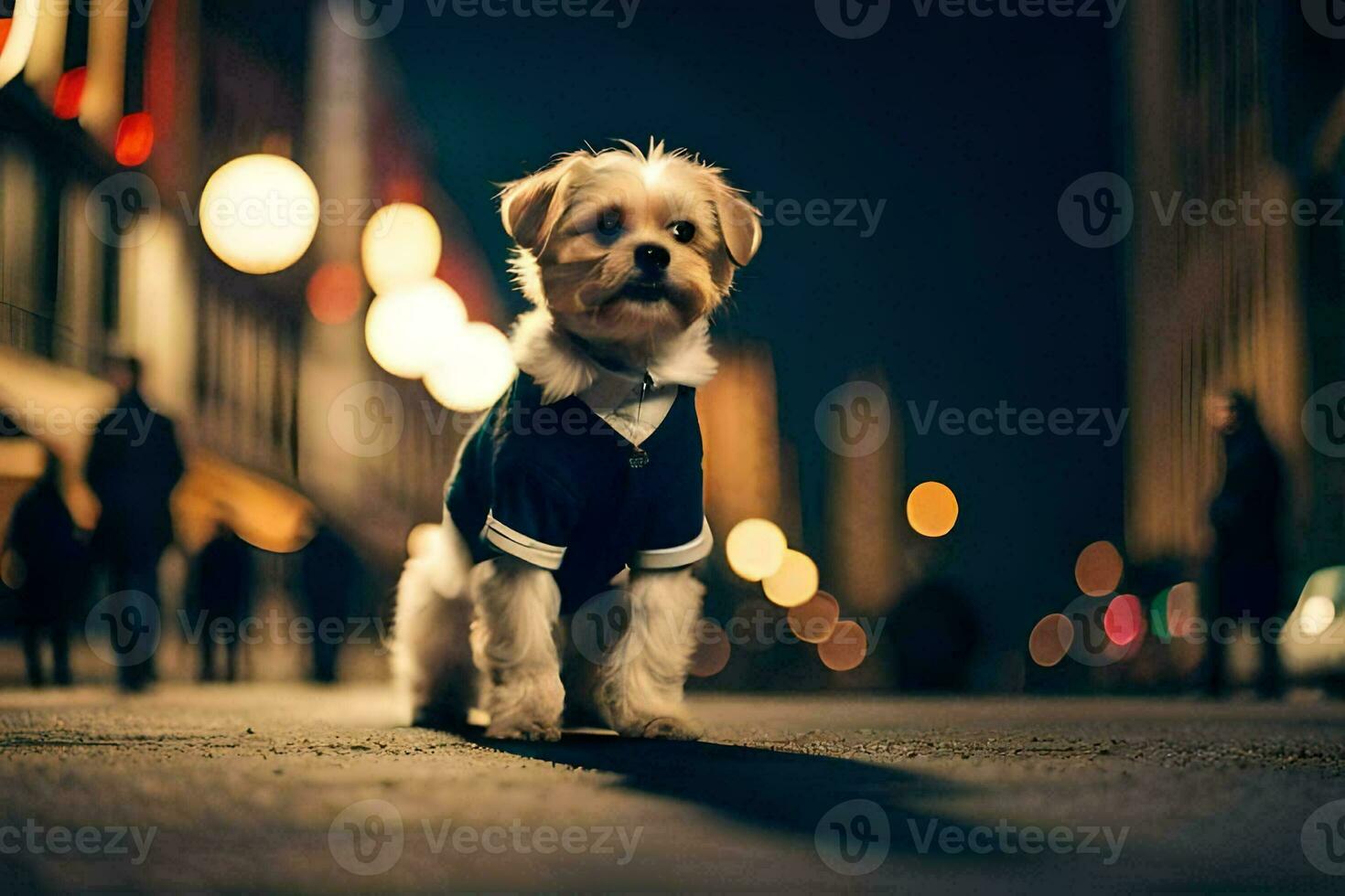 a small dog wearing a shirt on the street at night. AI-Generated photo