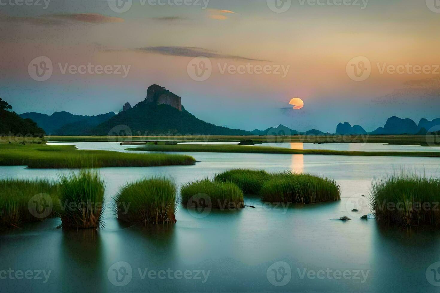 the moon rises over a river and mountains. AI-Generated photo