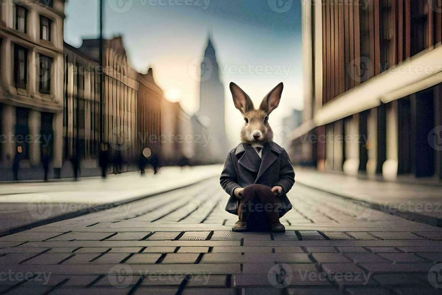 a rabbit in a suit sits on the ground in a city. AI-Generated photo