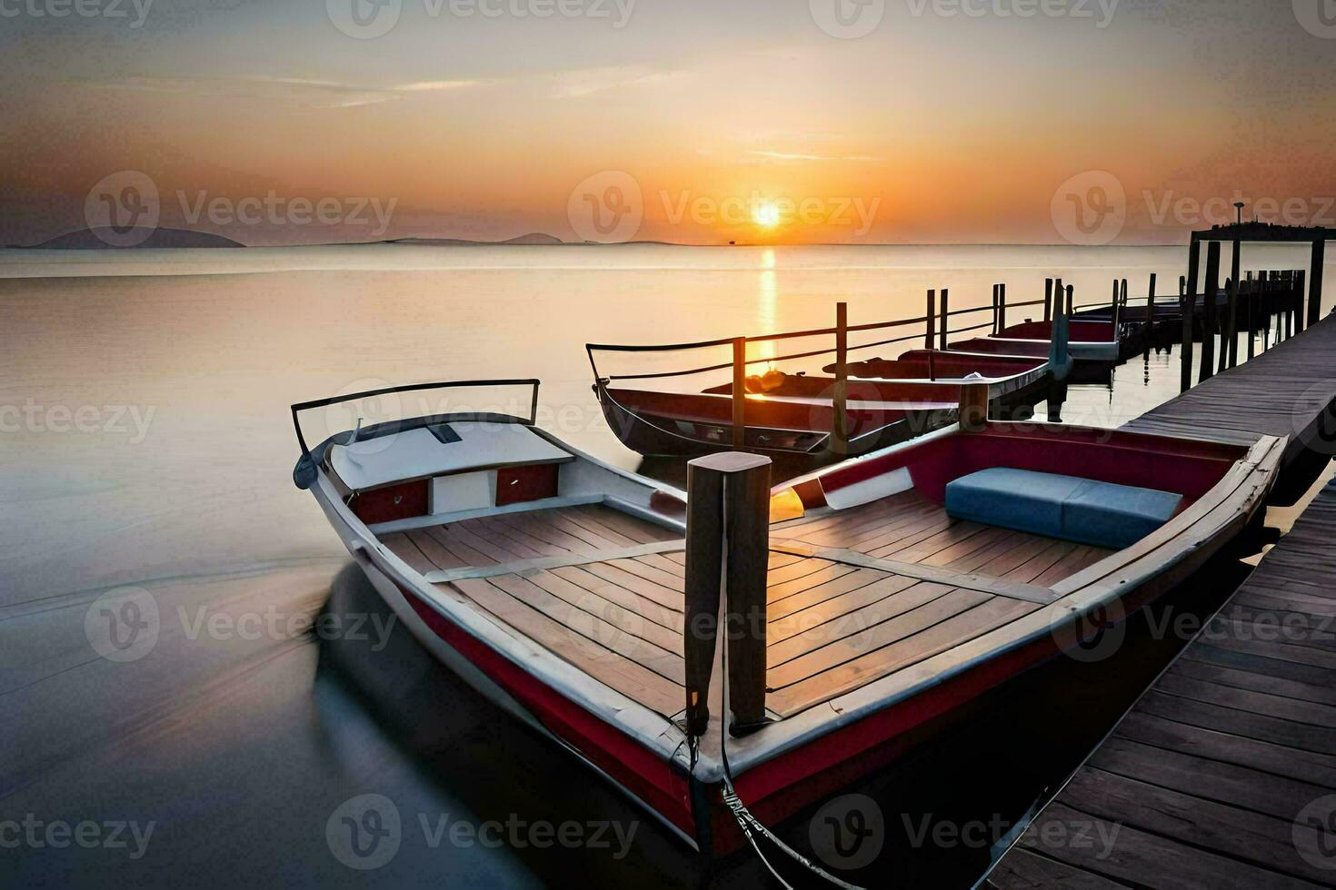 boats docked at the pier at sunset. AI-Generated photo