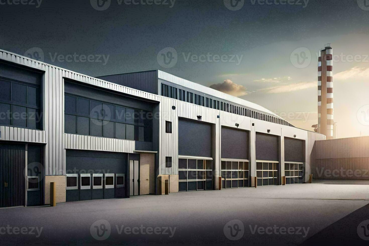 a large industrial building with two large doors. AI-Generated photo