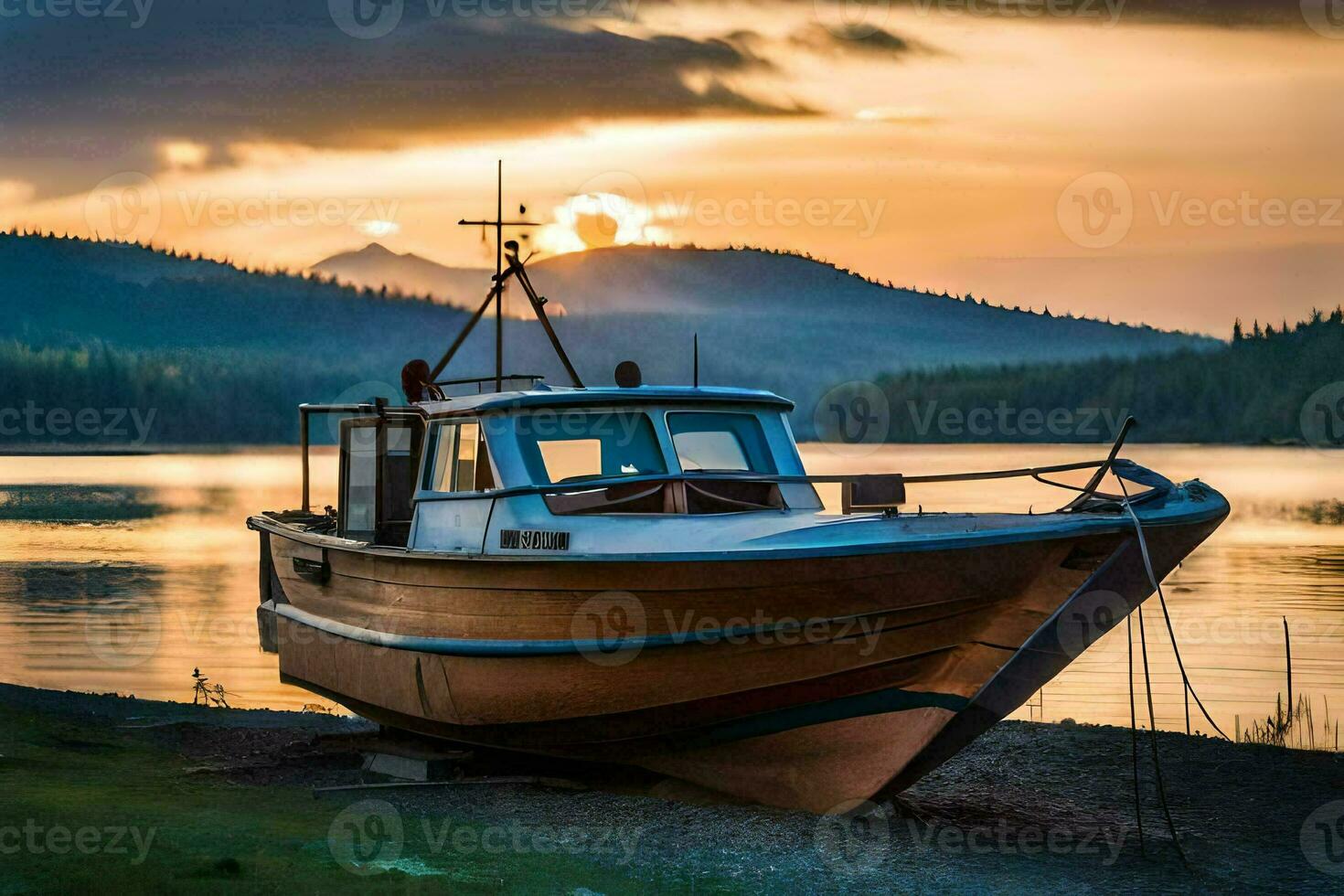 a boat sits on the shore of a lake at sunset. AI-Generated photo