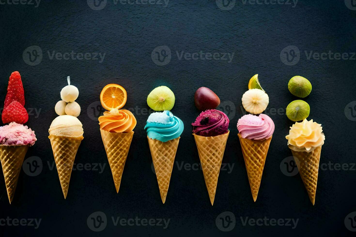 different colored ice cream cones lined up on a black background. AI-Generated photo