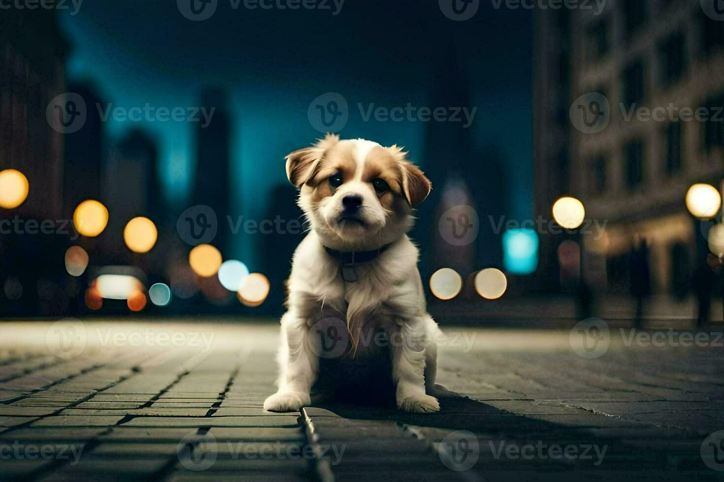 a puppy sitting on the street at night. AI-Generated photo