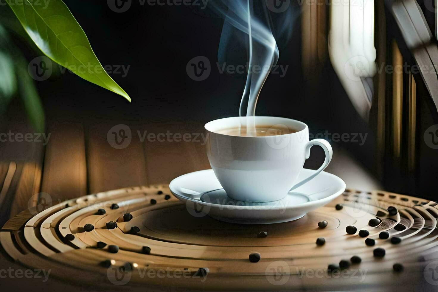 a cup of coffee on a wooden table. AI-Generated photo