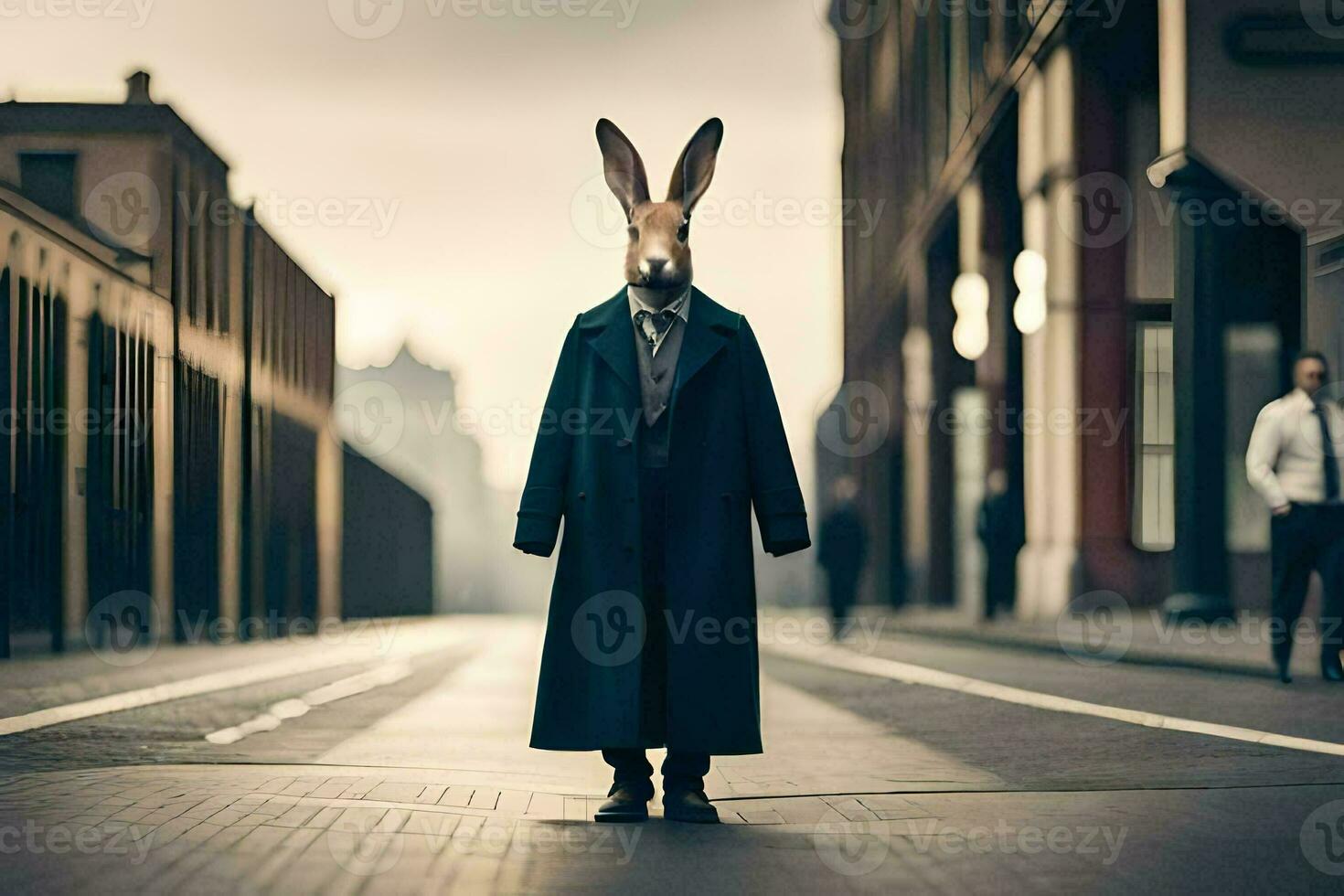 a rabbit wearing a coat and tie standing in the middle of a city street. AI-Generated photo