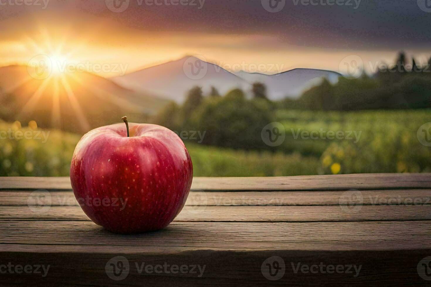 apple on a wooden table in the sunset. AI-Generated photo