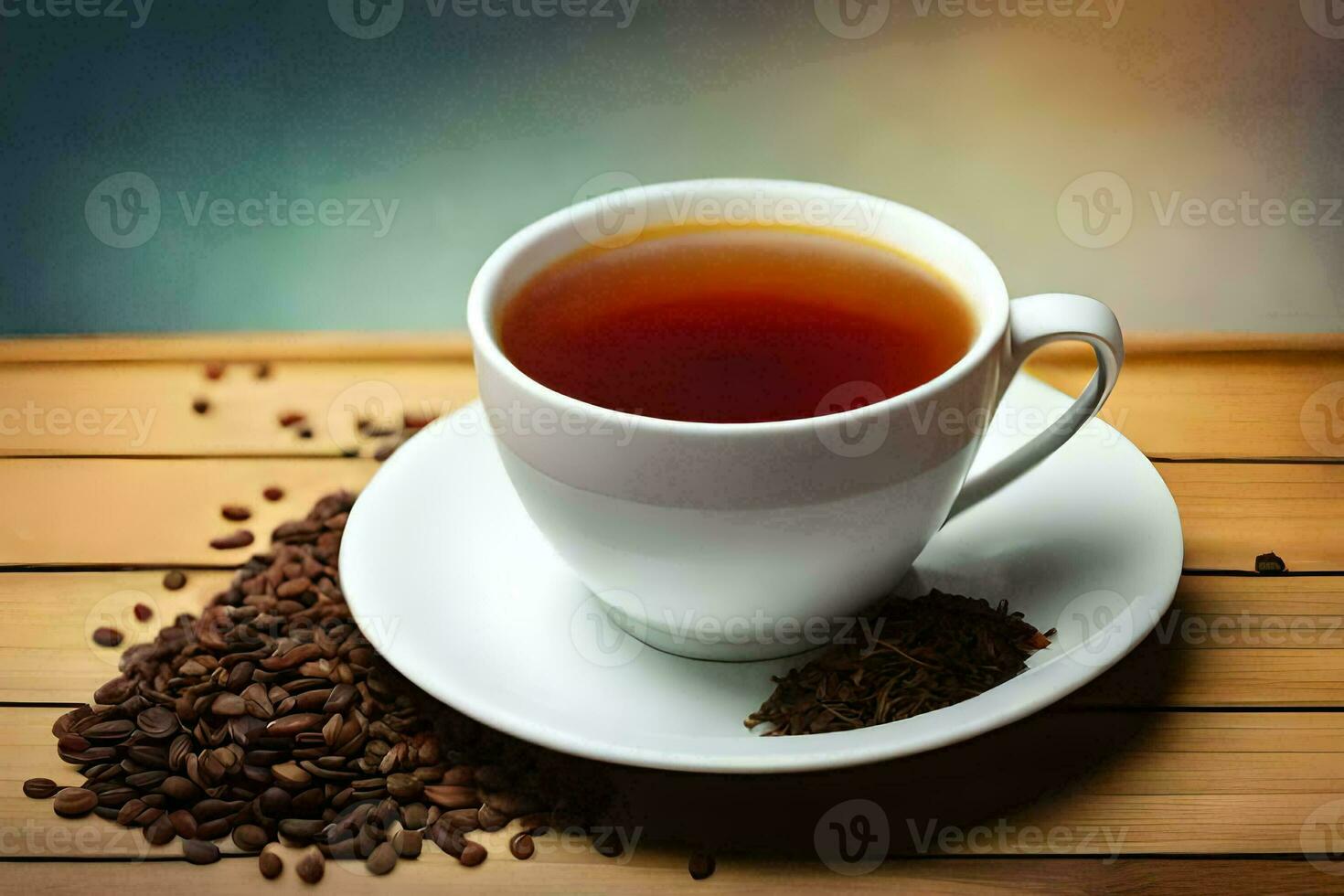 a cup of tea on a wooden table. AI-Generated photo