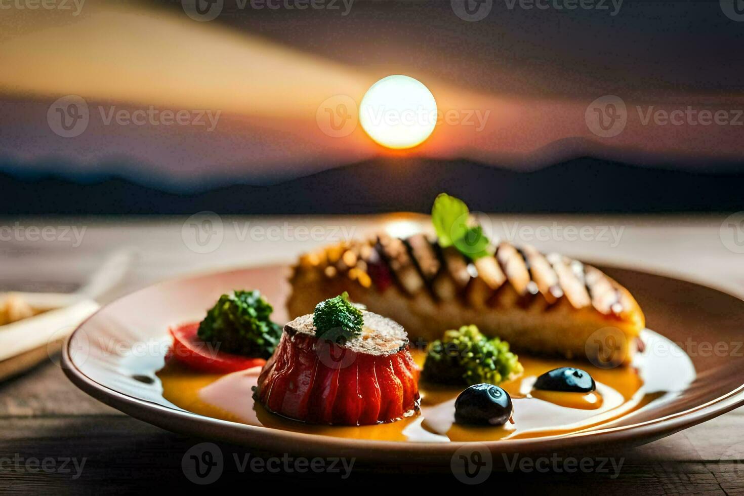 a plate with food on it and a sunset in the background. AI-Generated photo