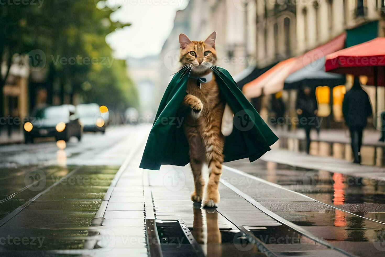 a cat wearing a cape walks down a street. AI-Generated photo