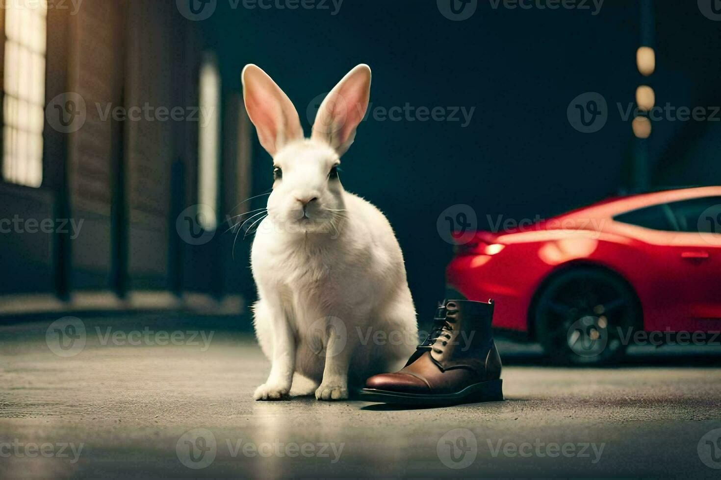 a rabbit sitting next to a red car. AI-Generated photo