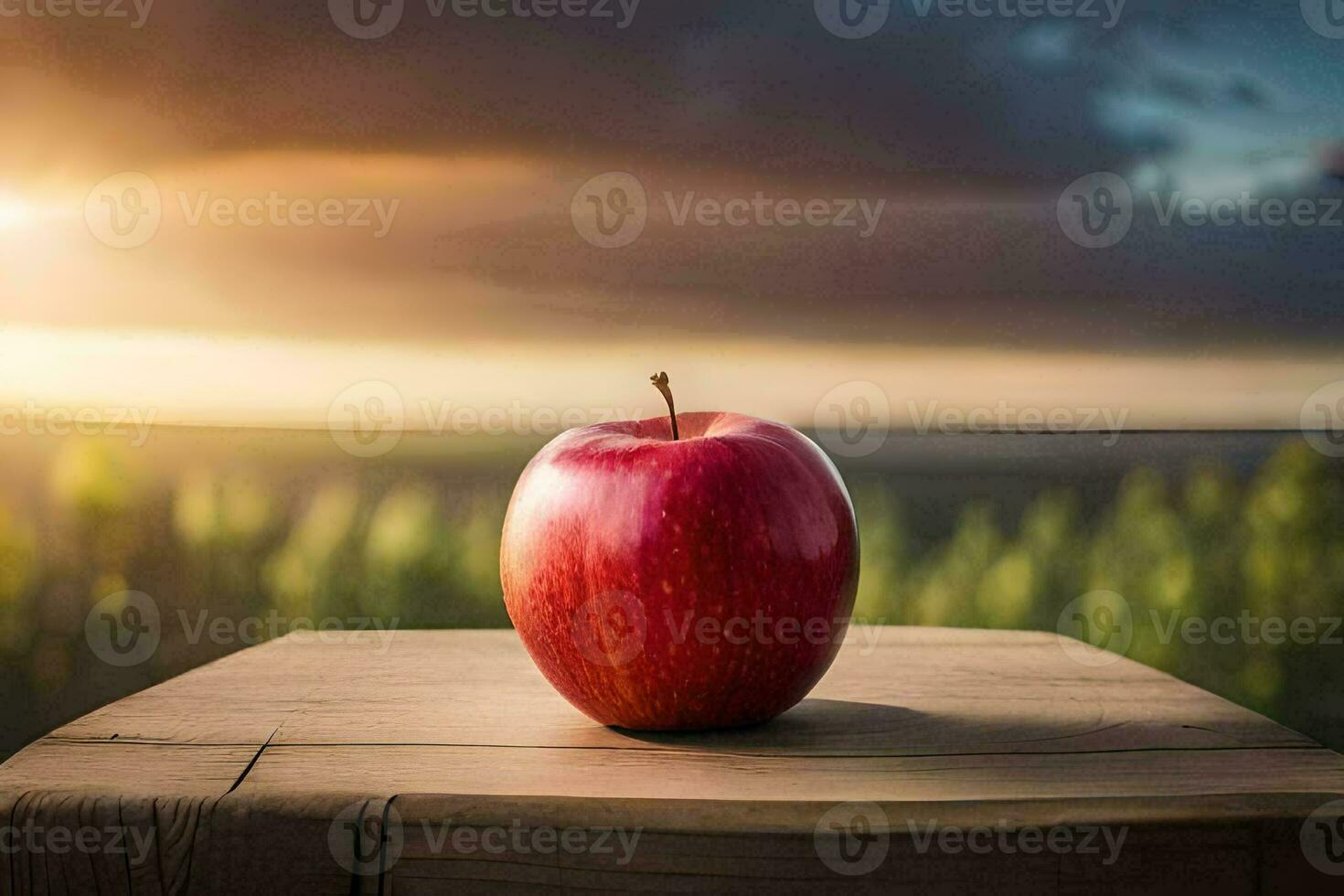 an apple sits on top of a wooden table. AI-Generated photo