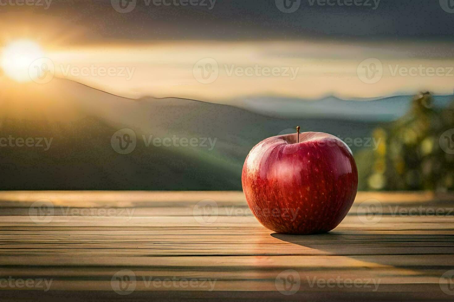 an apple sits on a wooden table in front of a mountain. AI-Generated photo