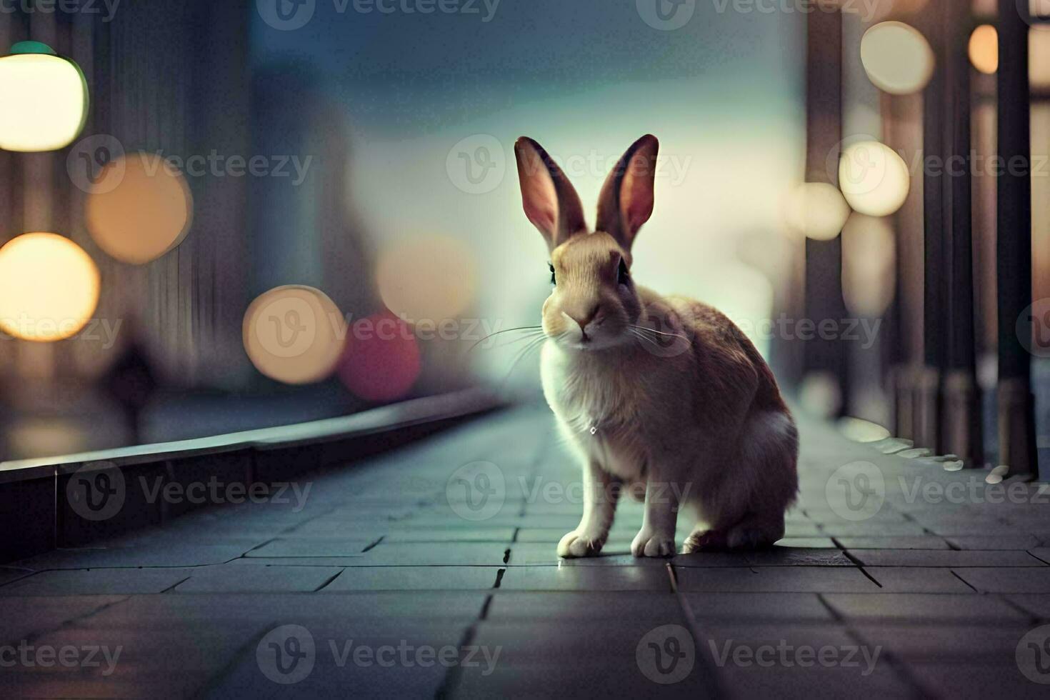 a rabbit is sitting on the sidewalk in front of a city. AI-Generated photo