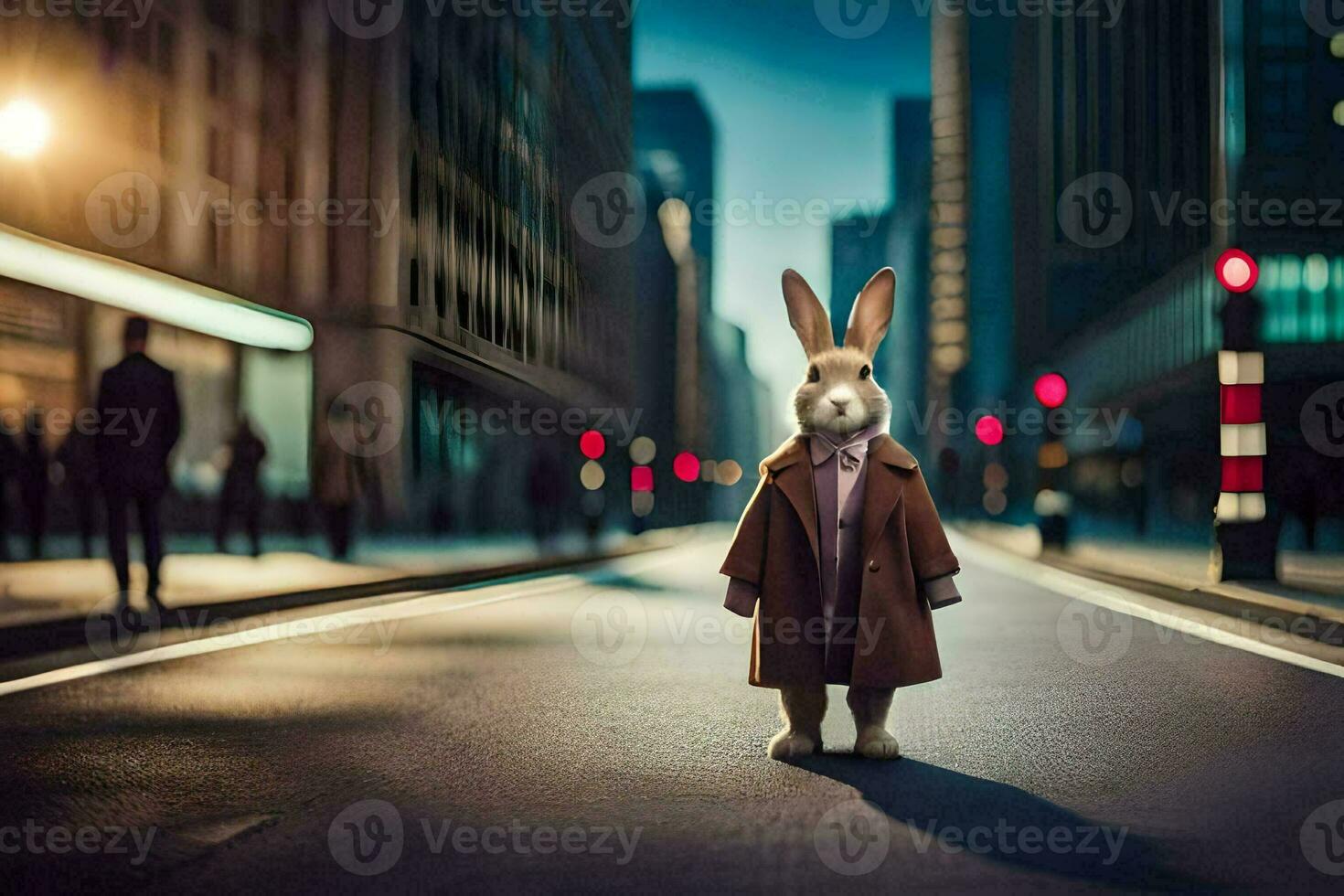 a rabbit in a trench coat standing on the street. AI-Generated photo
