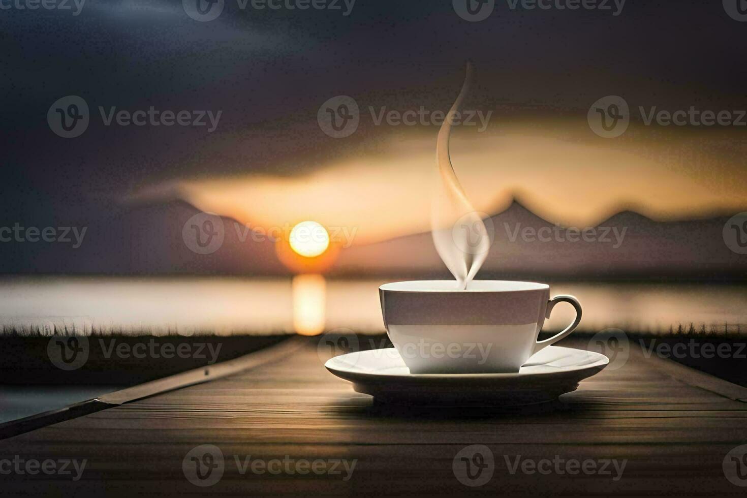 a cup of coffee on a wooden table with a sunset in the background. AI-Generated photo