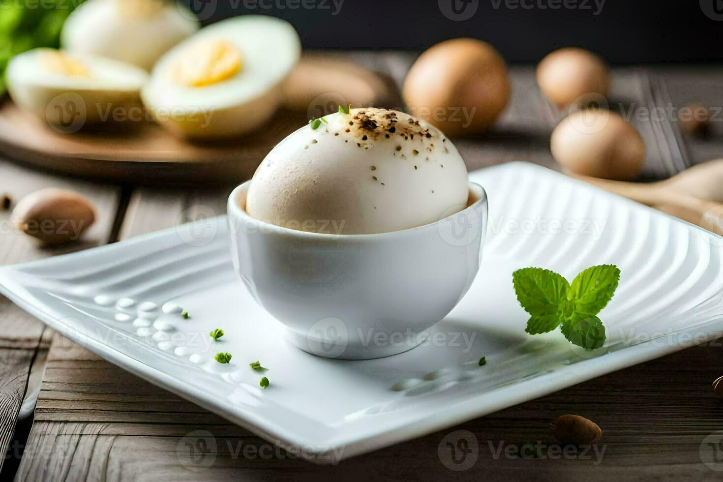 an egg in an egg cup on a plate with a sprig of mint. AI-Generated photo