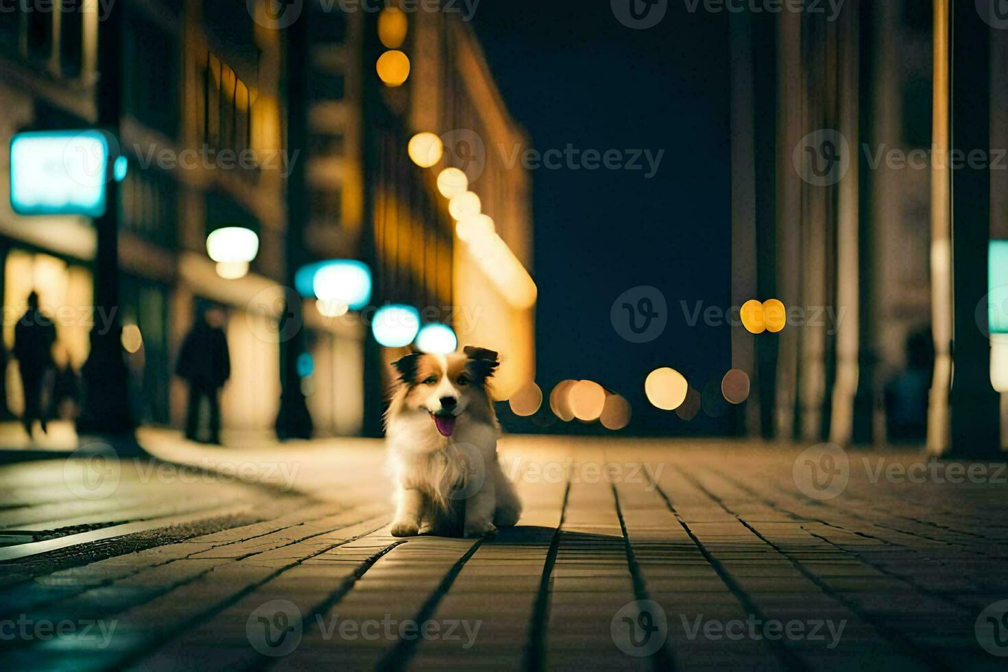 un perro sentado en el acera a noche. generado por ai foto