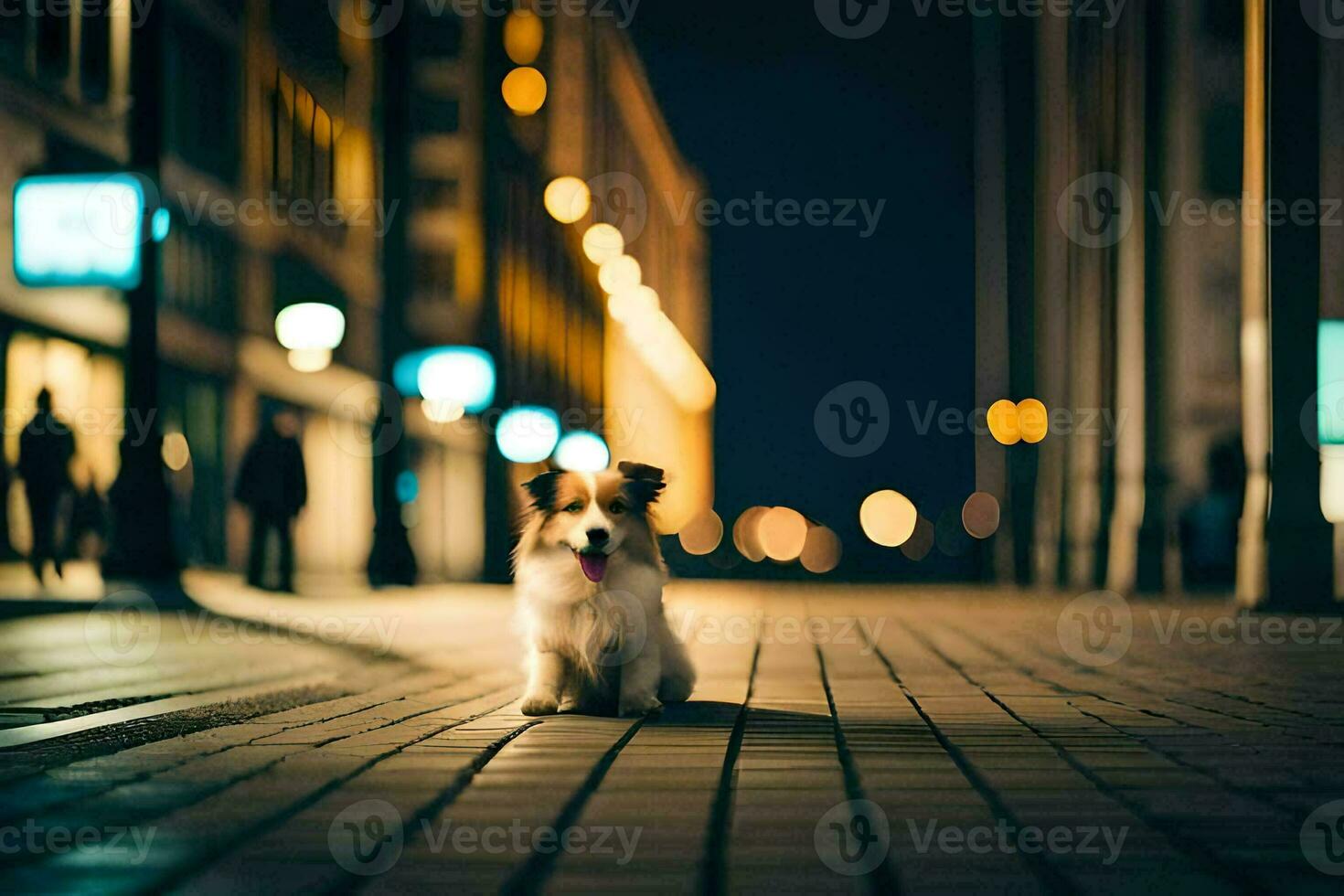 a dog sitting on the sidewalk at night. AI-Generated photo