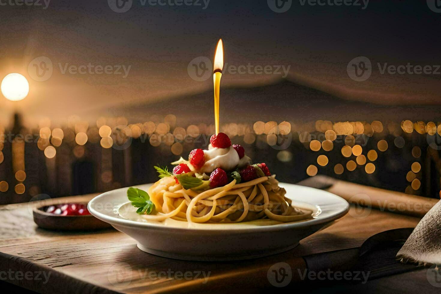 a candle on a plate with a plate of spaghetti. AI-Generated photo